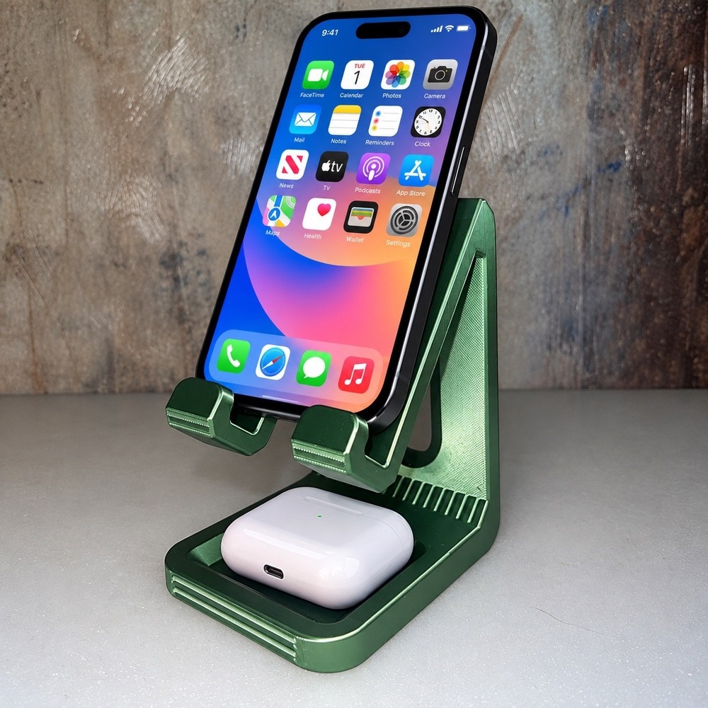 btw409 2-in-1 Phone Stand Holder w AirPods Tray Desktop Dock New Metallic Green
